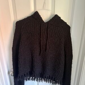 Black Pullover Hoodie with Textured Knit and Fringe
